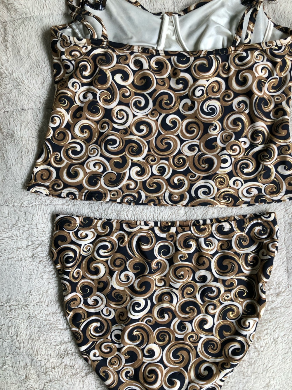 90s Y2K Swirl Print Retro Two-Piece Tankini Swim Set in Black, Gold & White - Picture 7 of 14